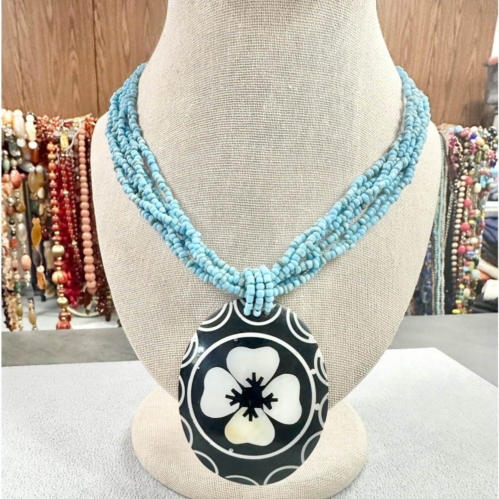 Turquoise Beaded Necklace with Abalone Shell Flower Pendant Statement Necklace